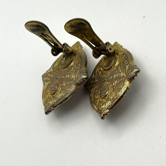 Vintage 1928 Brooch Clip On Earrings Set Faux Moonstone & Pearl Gold Tone - Picture 8 of 12